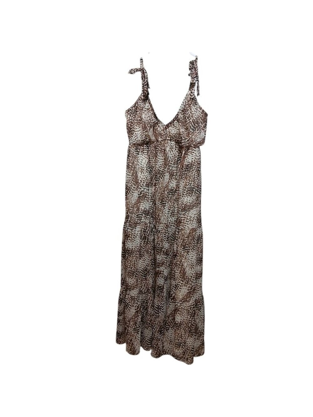 Express Women's XL Brown Tan Animal Print Tiered Lined Maxi Dress Tie Straps NWT